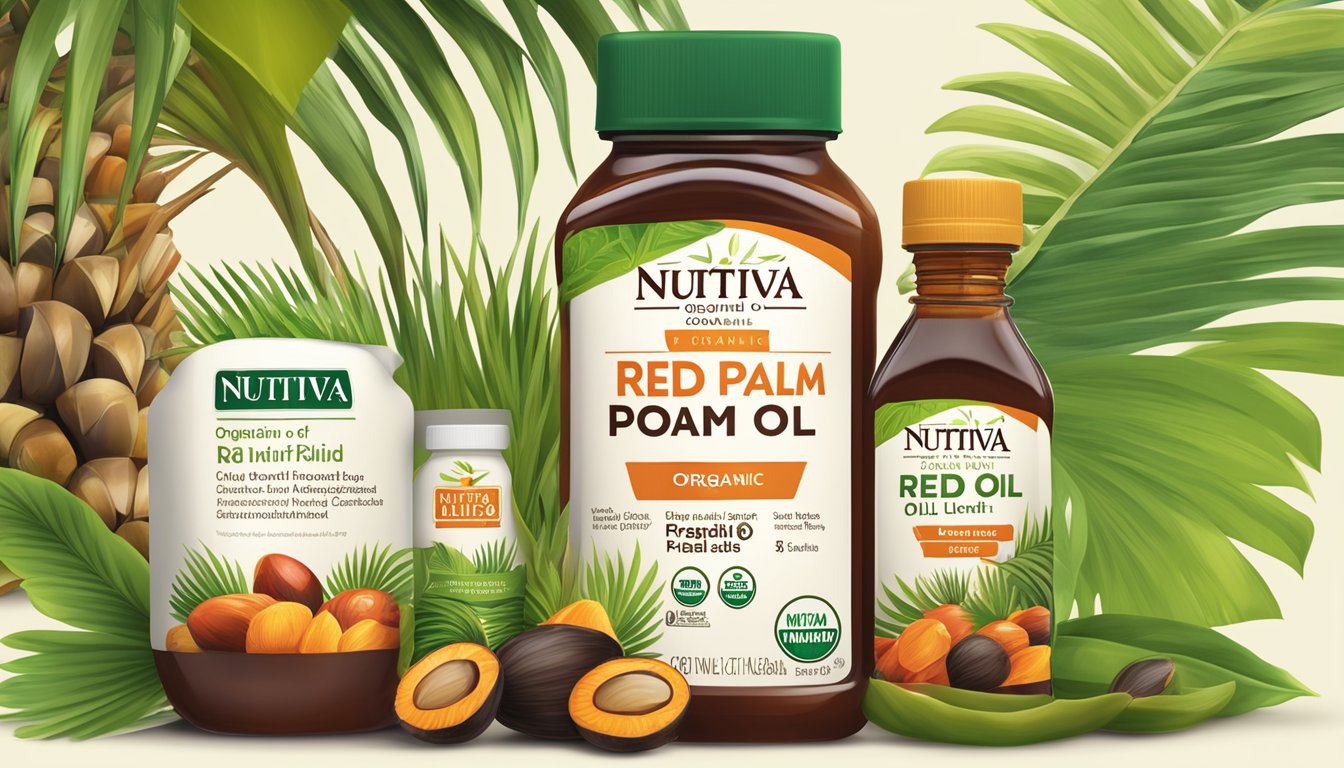 A bottle of Nutiva Organic Red Palm Oil surrounded by vibrant, fresh palm fruits and leaves, with a clear focus on the nutritional information label