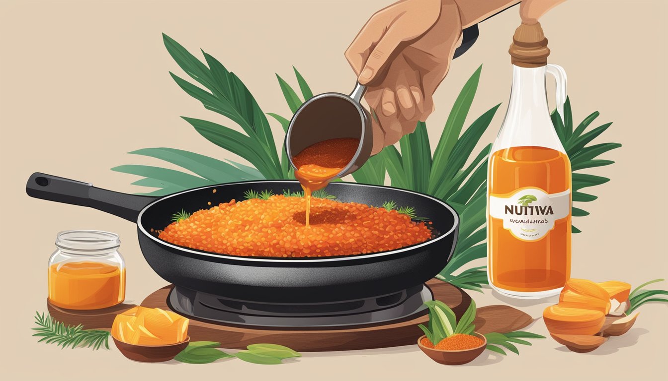 A chef pouring vibrant red palm oil into a sizzling skillet, surrounded by fresh organic ingredients and a bottle of Nutiva organic red palm oil