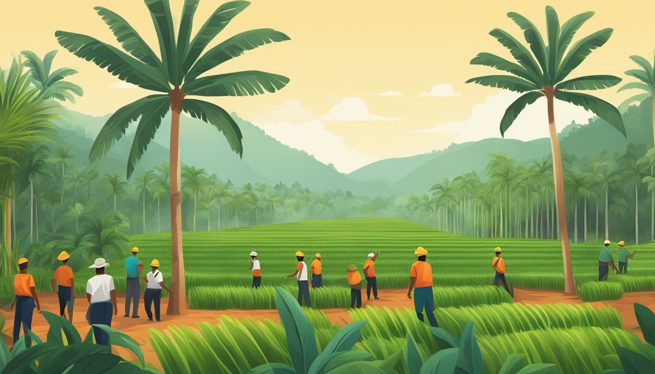 A lush palm oil plantation with workers using sustainable and ethical practices, promoting health benefits