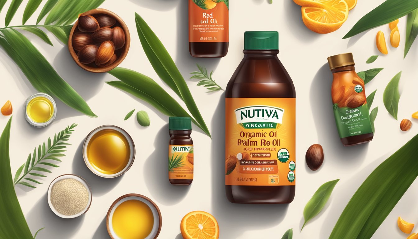 A bottle of Nutiva organic red palm oil surrounded by various other oils, with a spotlight shining on it to emphasize its health benefits