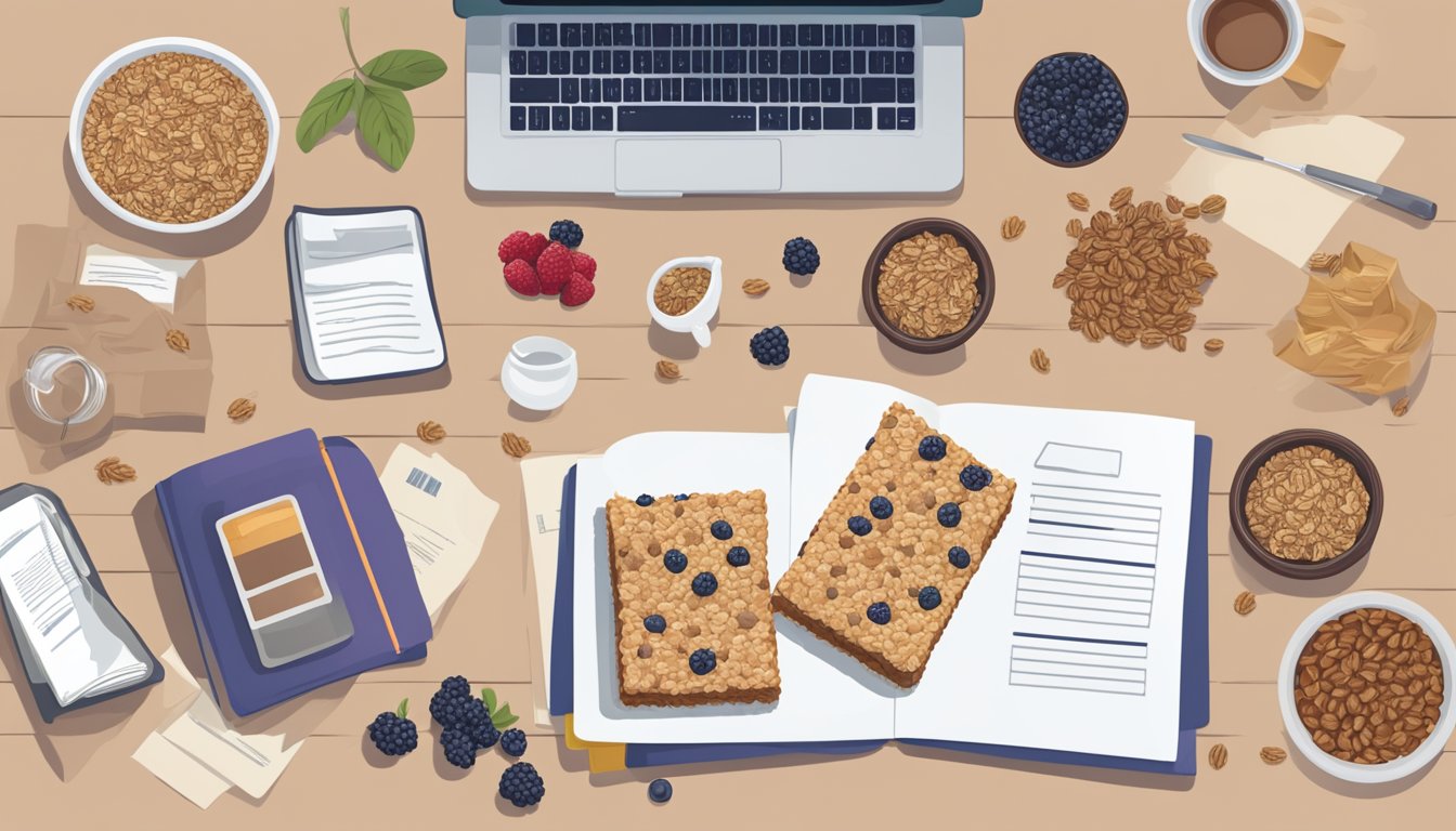 A table with organic granola bars and mixed berries, surrounded by certification documents and logos