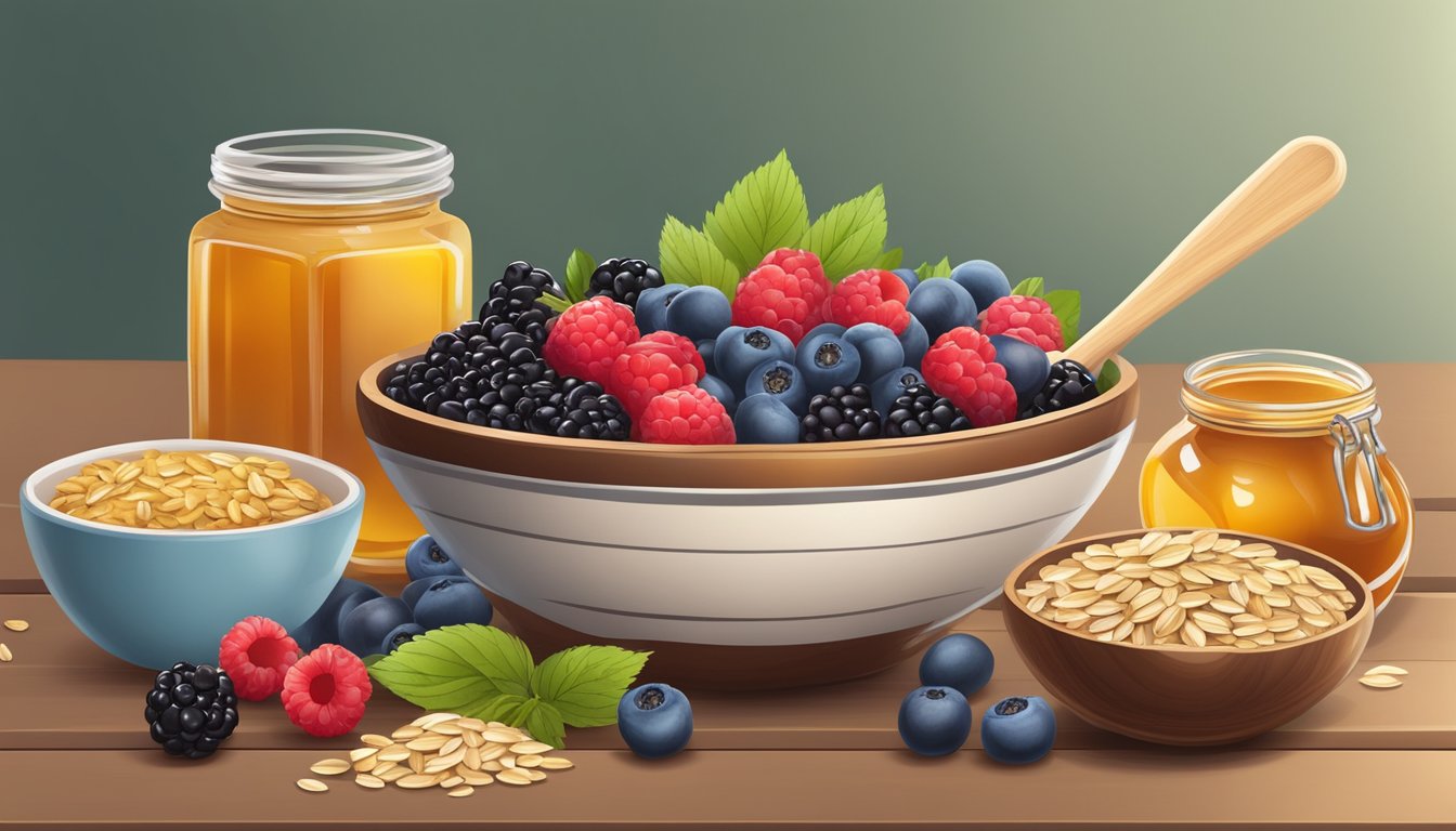 A wooden table with a bowl of mixed berries, oats, and honey, surrounded by fresh ingredients like nuts and seeds