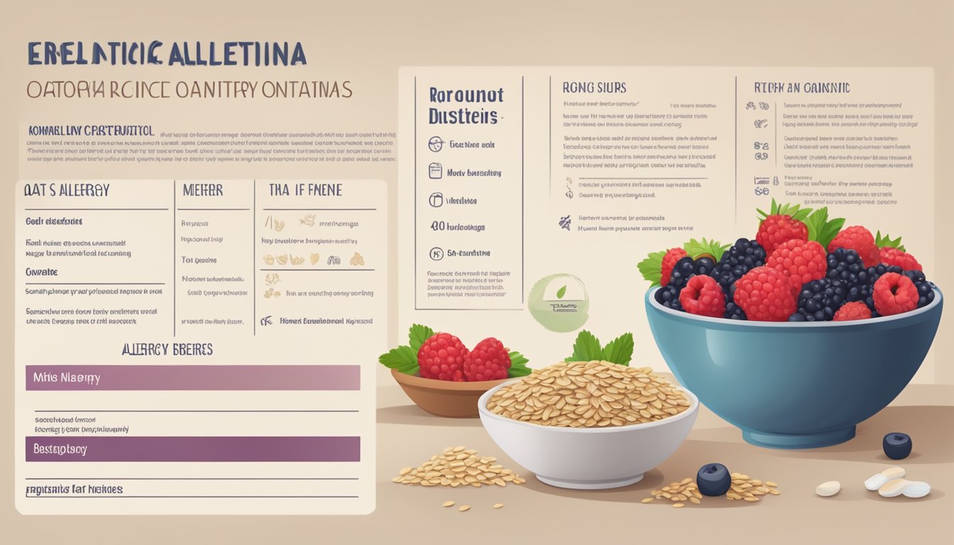 A table with a bowl of fresh mixed berries, a bag of organic oats, and a list of allergy information and dietary considerations