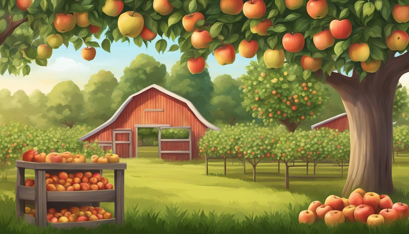 A lush apple orchard with trees heavy with ripe fruit, a small farm stand displaying jars of organic cold pressed applesauce