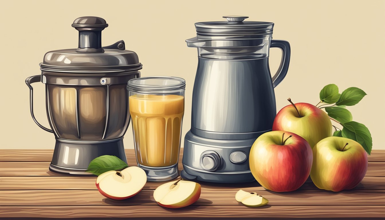 A rustic wooden table with a jar of organic cold-pressed applesauce surrounded by fresh apples and a vintage juicer