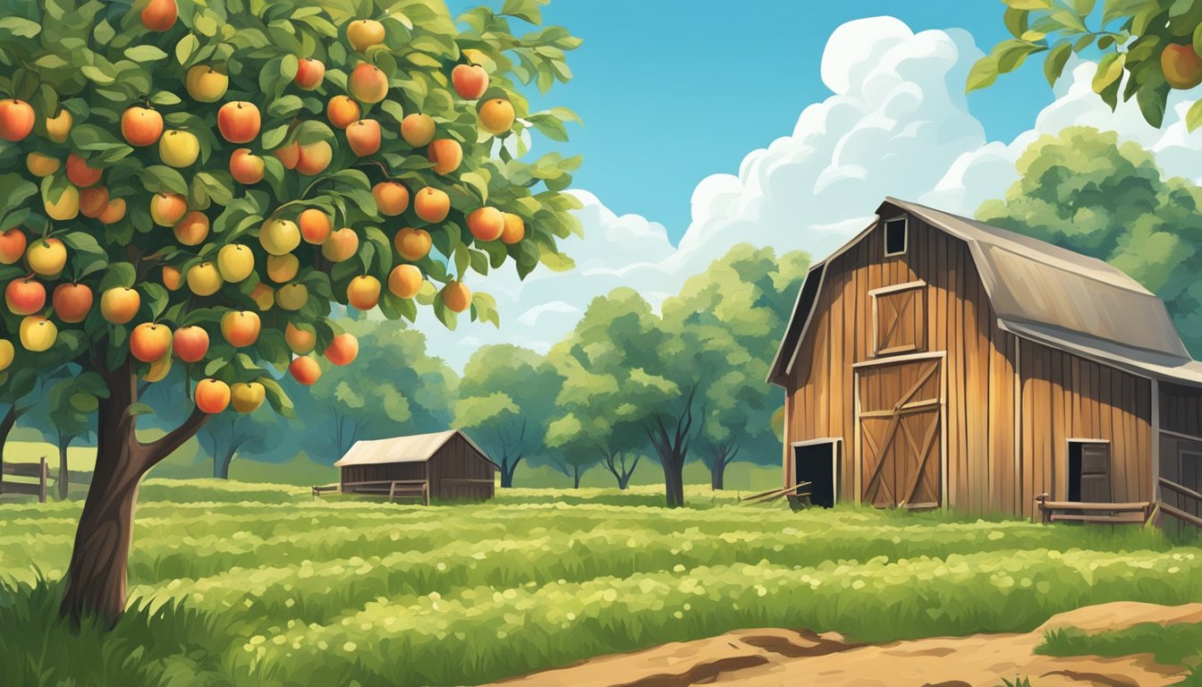 A lush apple orchard with trees heavy with ripe fruit, a rustic wooden barn in the background, and a clear blue sky overhead