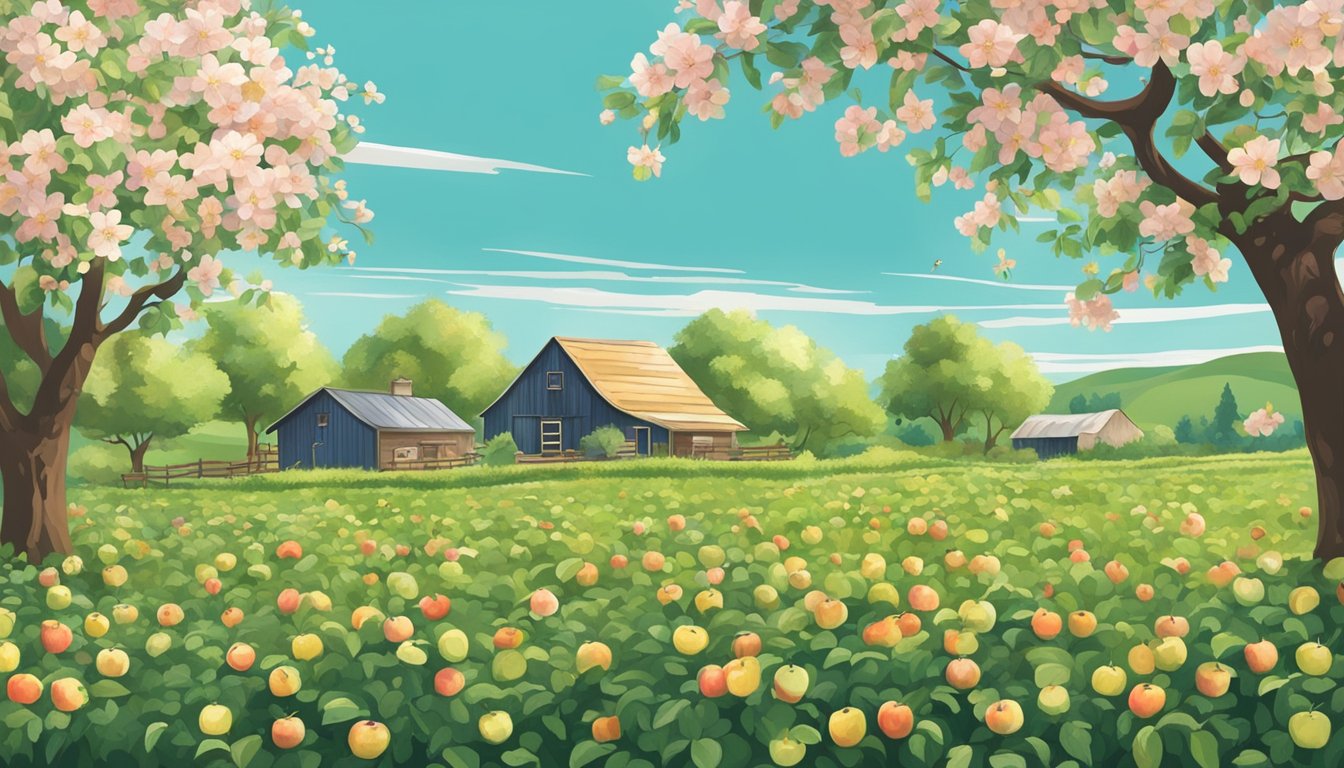 A lush apple orchard with a clear blue sky, bees buzzing around the blossoms, and a small farm building in the distance