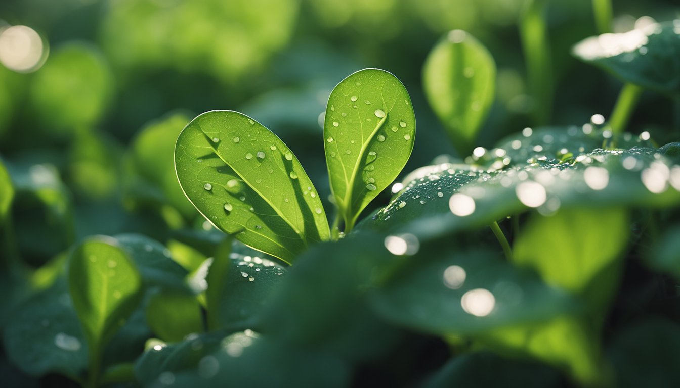 Climbing spinach: burgundy stems, glossy heart-shaped leaves, delicate tendrils, water droplets, spider web, morning light