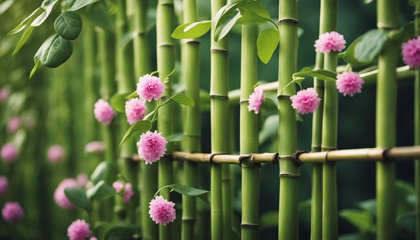 Bamboo trellis with climbing spinach vines, glossy heart-shaped leaves, pink flowers, dew, snail, morning light, intricate shadows