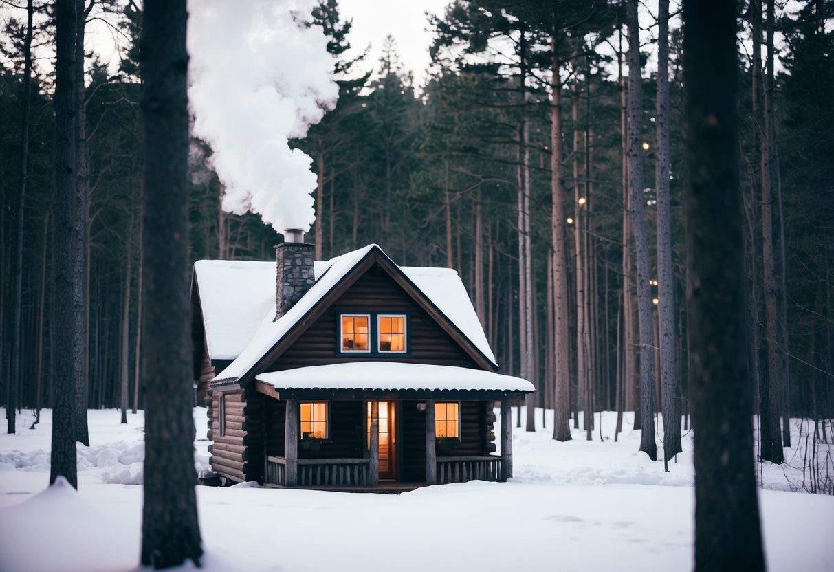 A cozy cabin in a snowy forest, with smoke rising from the chimney and a warm glow emanating from the windows