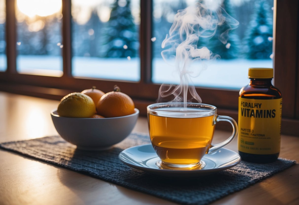 A cozy winter scene with a steaming cup of tea, a bowl of citrus fruits, and a bottle of vitamins on a table. A snow-covered landscape is visible through a window