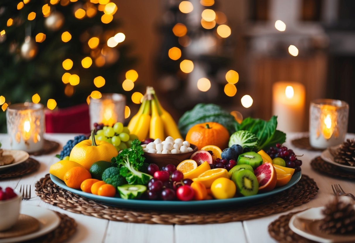 A table set with colorful fruits, vegetables, and supplements, surrounded by winter-themed decorations and a warm, cozy atmosphere