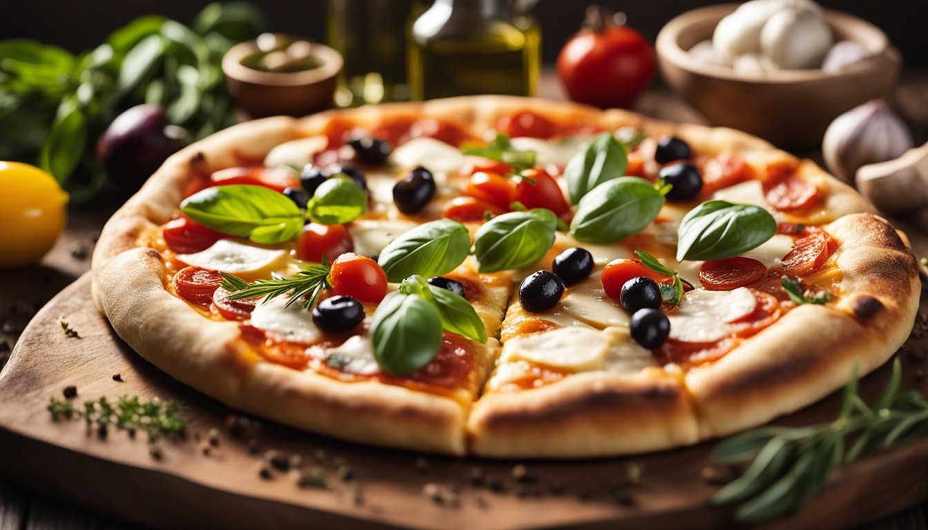 Fresh pizza ingredients on rustic wooden board, bathed in morning sunlight. Herbs, cheeses, and olive oil create a colorful and inviting scene