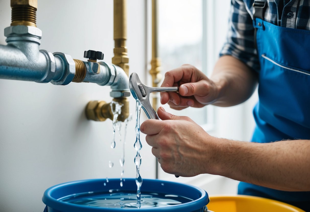 Water dripping from a cracked pipe, plumber tightening a wrench, bucket collecting the leaking water