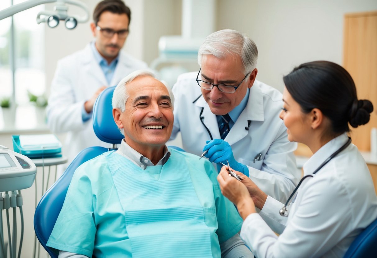 A senior citizen sitting in a dental chair receiving a check-up, while an optometrist conducts an eye exam in the background
