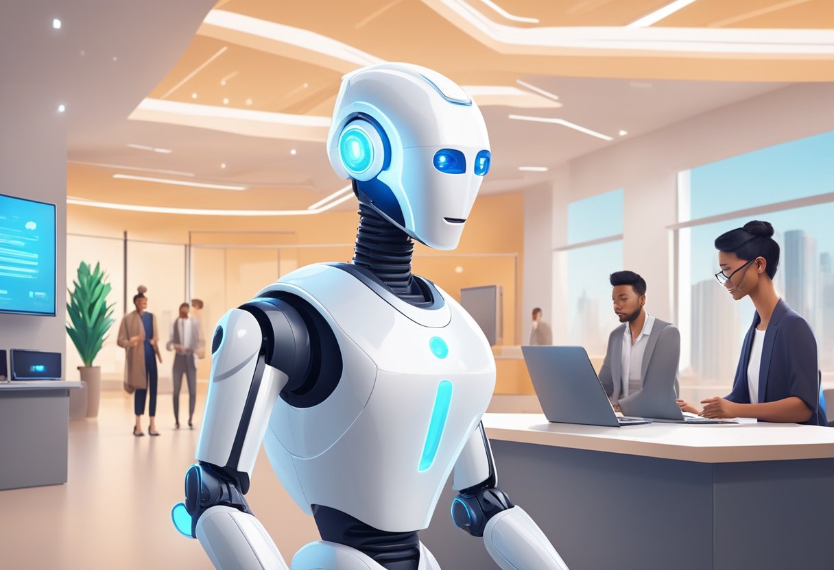 Um robô futurista e elegante interage com os clientes em um centro de atendimento ao cliente de alta tecnologia, utilizando inteligência artificial e aprendizado de máquina para assistência automatizada.