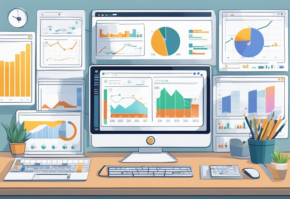 Uma tela de computador exibindo vários gráficos e tabelas, com um painel mostrando métricas de atendimento ao cliente automatizado e análise de KPI.