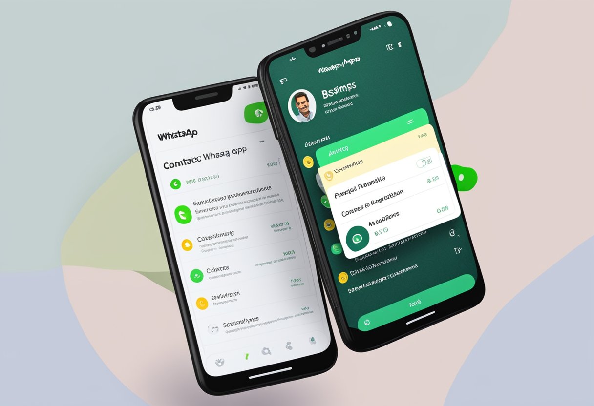 Um smartphone exibindo o aplicativo WhatsApp Business aberto na página de configurações do perfil com um logotipo da empresa e informações de contato preenchidas.