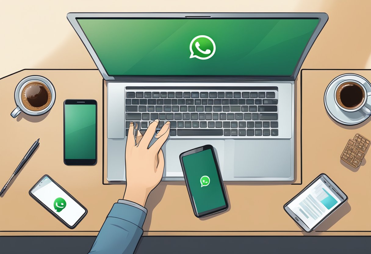 Uma mesa de escritório com um computador, telefone e xícara de café. A mão de uma pessoa segurando um smartphone com o logo do WhatsApp Business na tela.