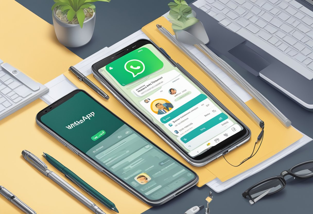 Um smartphone exibindo o aplicativo WhatsApp Business aberto com um perfil comercial e informações de contato visíveis, cercado por outros itens relacionados a negócios, como um laptop, caderno e caneta.