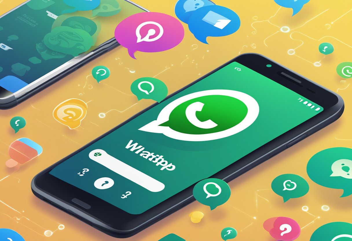 Um smartphone com o logotipo do WhatsApp Business exibido, cercado por pontos de interrogação e balões de fala