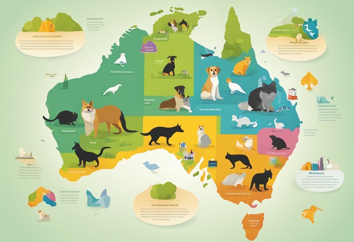 A colorful map of Australia with icons representing pet adoption centers, veterinary clinics, and animal shelters