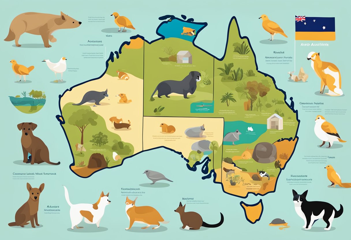 A colorful map of Australia with icons representing different types of pets, surrounded by information leaflets and brochures