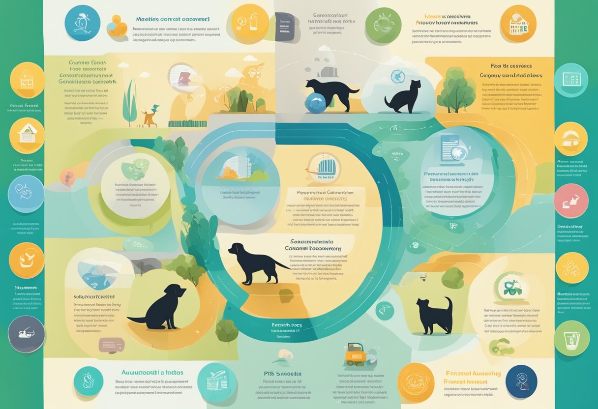 A colorful infographic showing various financial considerations for getting a pet in Australia, with icons representing costs, insurance, and government resources