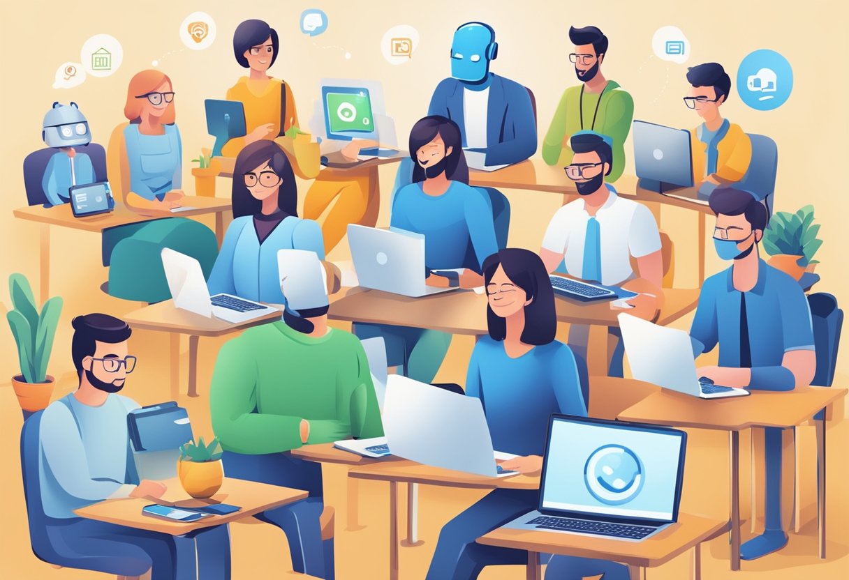 Um grupo de chatbots interagindo com clientes por meio de várias plataformas digitais, demonstrando a eficácia das estratégias de marketing e vendas.