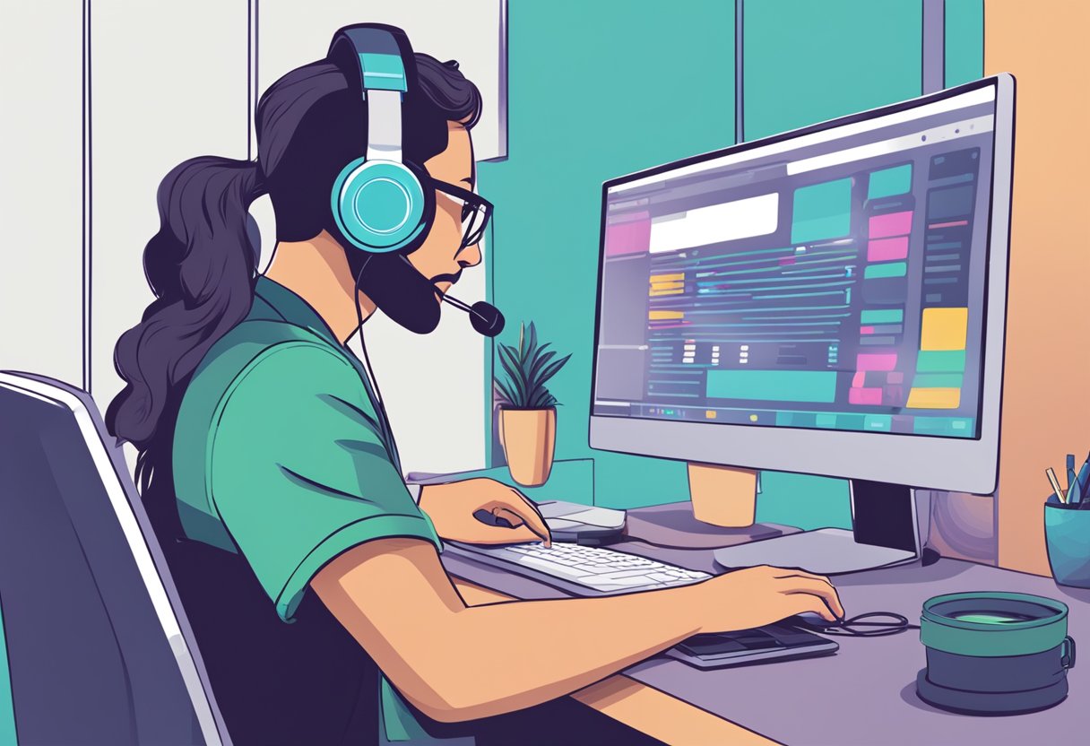 Um representante de atendimento ao cliente criando chatbots em uma mesa com um computador e fone de ouvido.