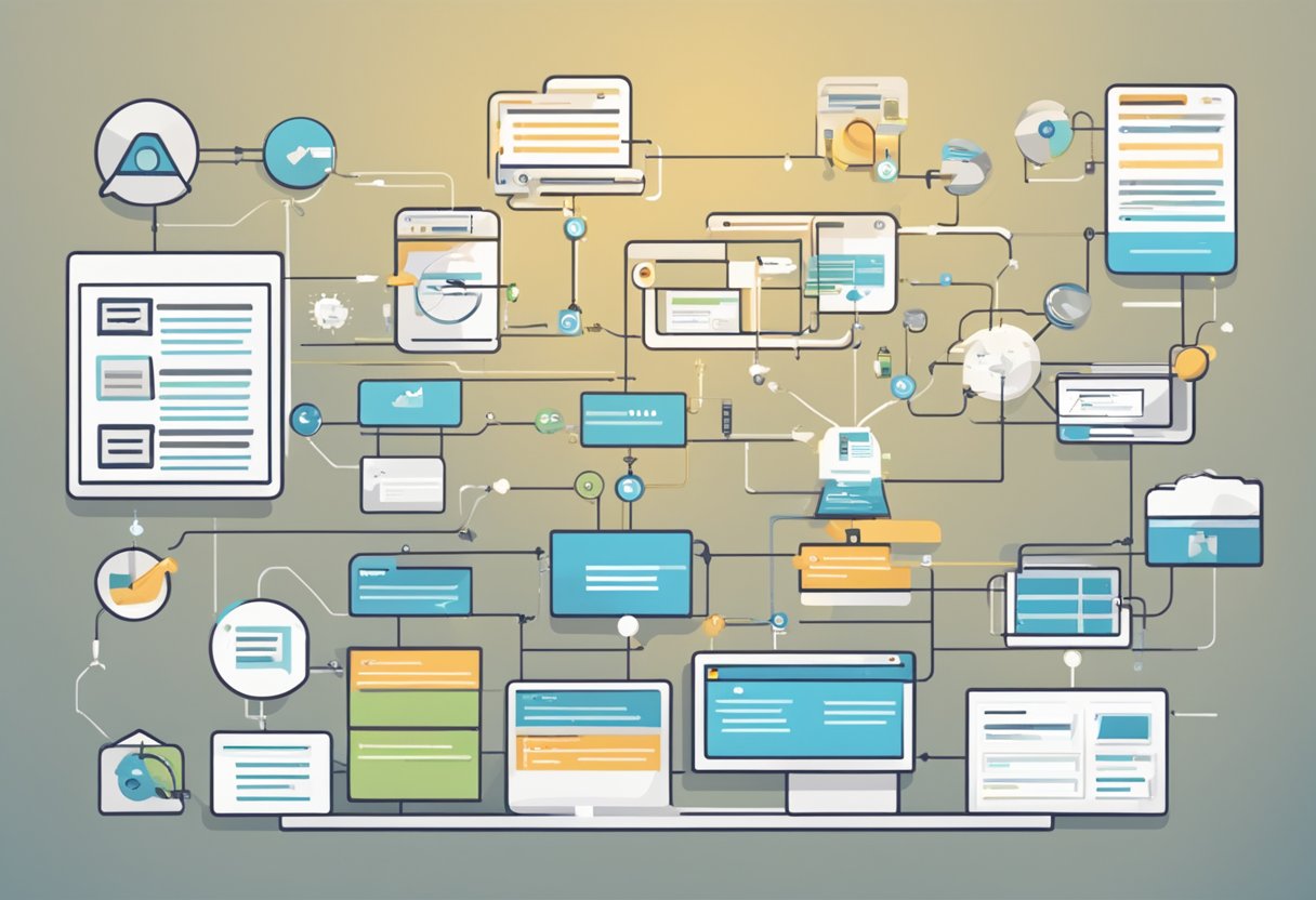 Uma tela de computador exibindo um fluxograma de processos de marketing automatizados, com setas conectando várias etapas de engajamento e nutrição de leads.