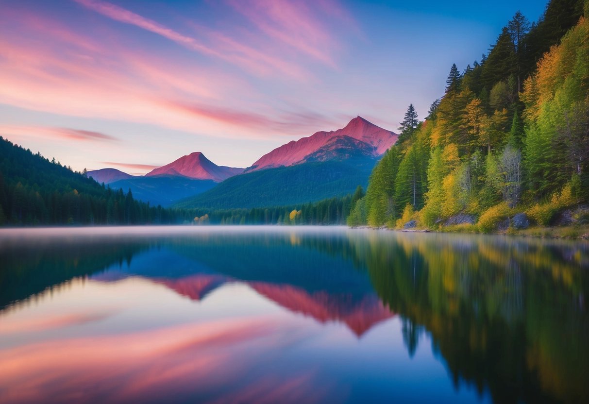 Une photo d'un paysage serein avec des couleurs vives et un éclairage doux, présentant une scène naturelle telle qu'une forêt, une montagne ou un lac.