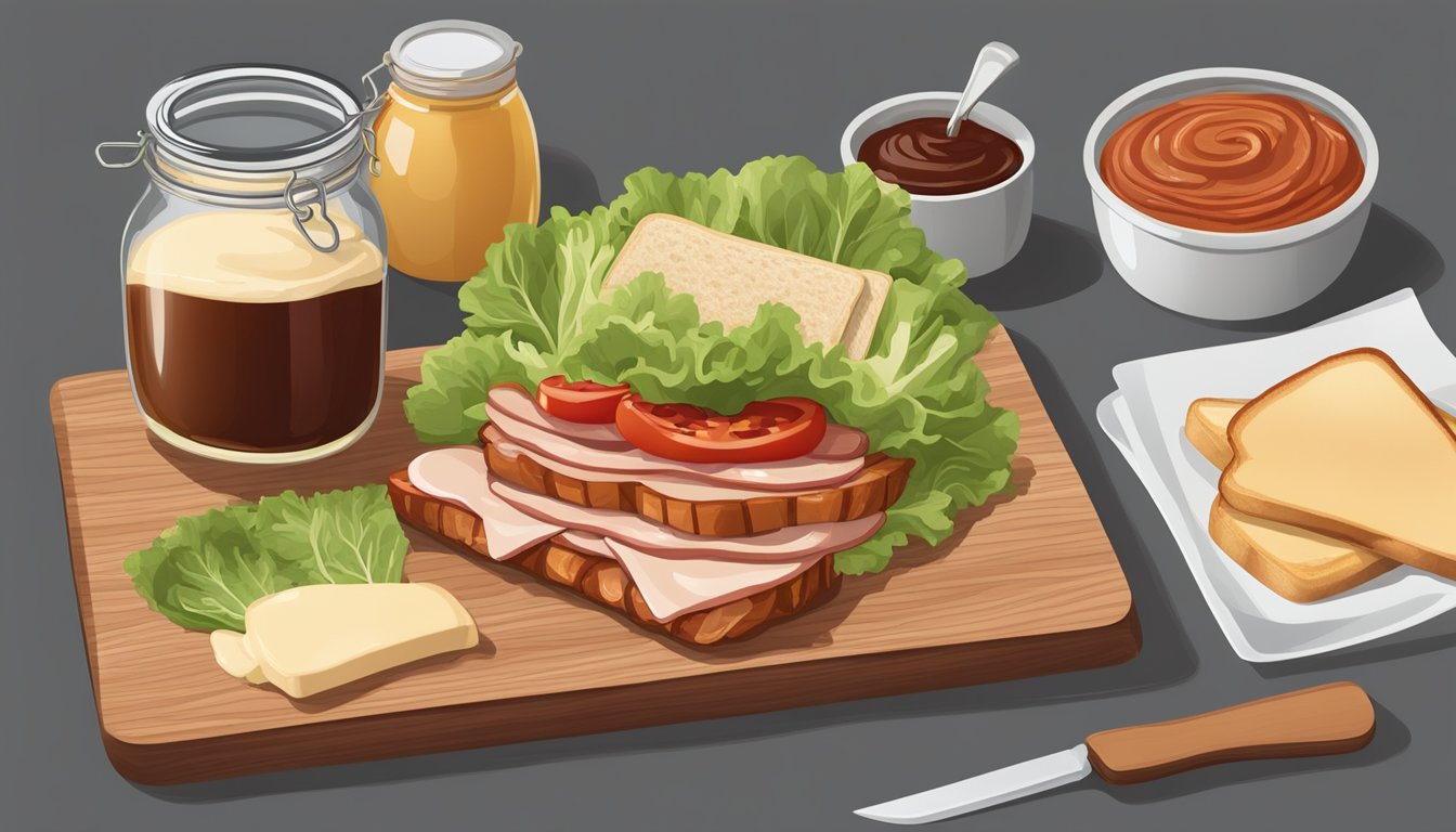 A cutting board with sliced turkey, bacon, lettuce, tomato, and toast, alongside a jar of mayonnaise and a bottle of barbecue sauce