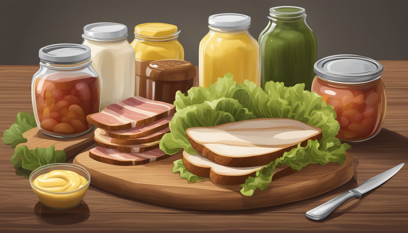 A rustic wooden cutting board holds sliced turkey, bacon, lettuce, tomato, and bread, surrounded by jars of mayo and mustard