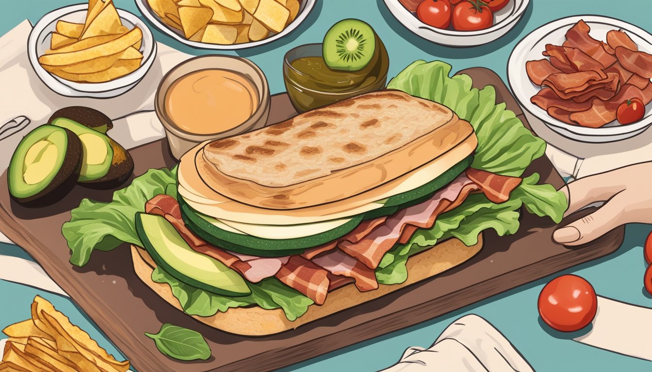 A hand placing layers of sliced turkey, bacon, lettuce, tomato, and avocado on toasted bread, with a side of pickles and chips