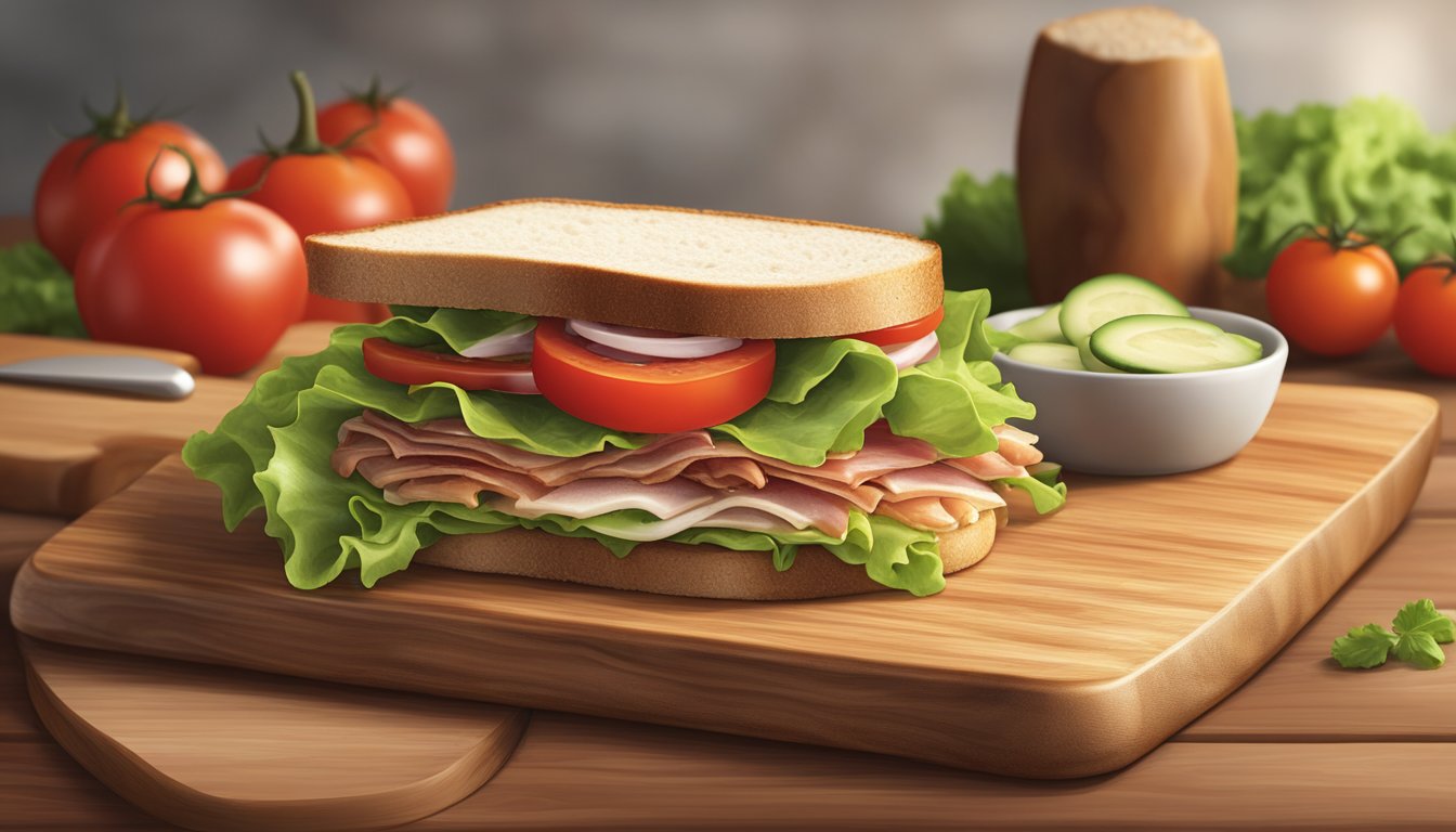 A rustic wooden cutting board with ingredients for a Texas-style turkey club sandwich, including thick slices of turkey, crispy bacon, ripe tomatoes, lettuce, and toasted bread