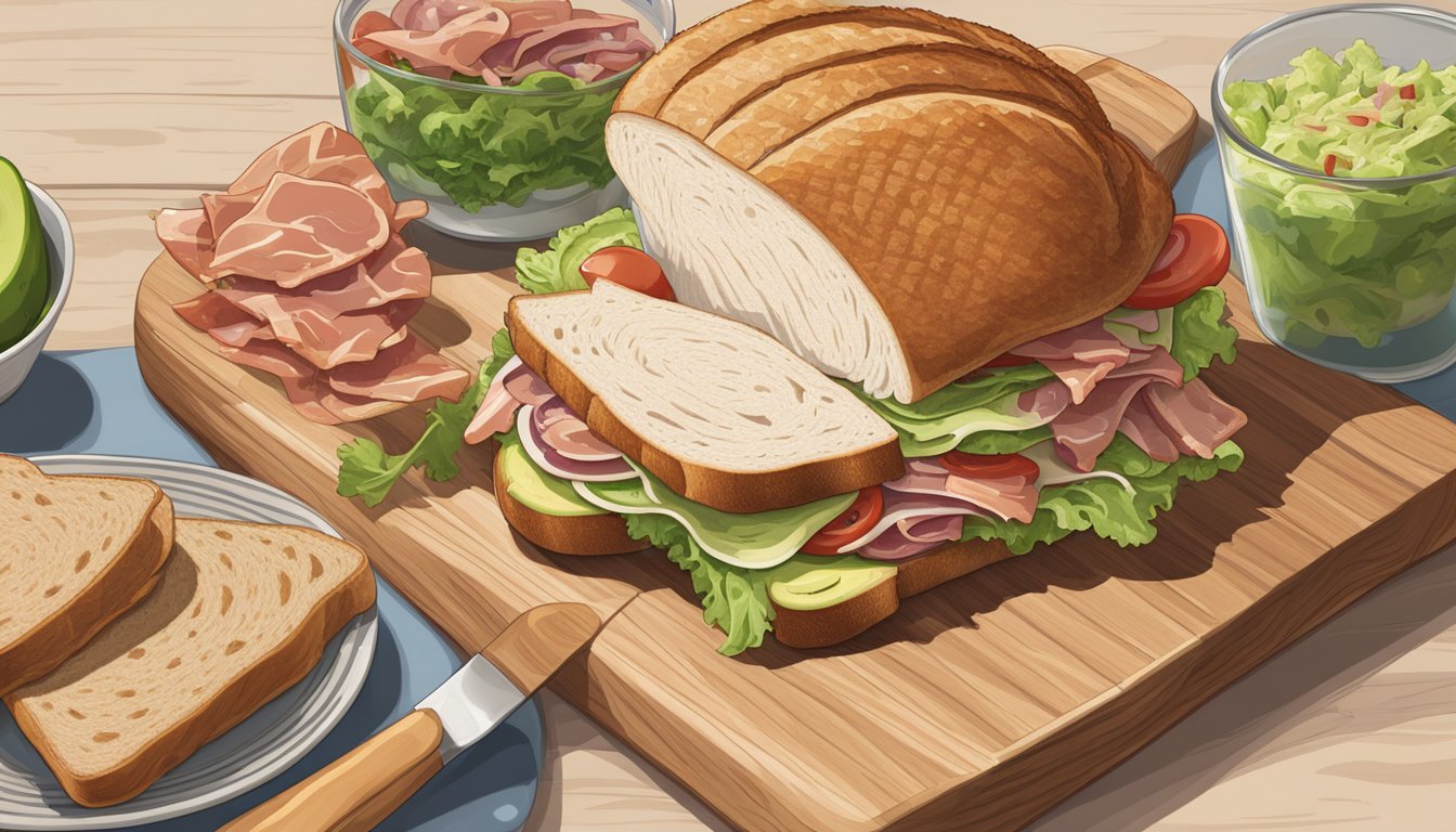 A rustic wooden cutting board holds sliced turkey, bacon, lettuce, tomato, and avocado, alongside a bowl of coleslaw and a stack of toasted bread