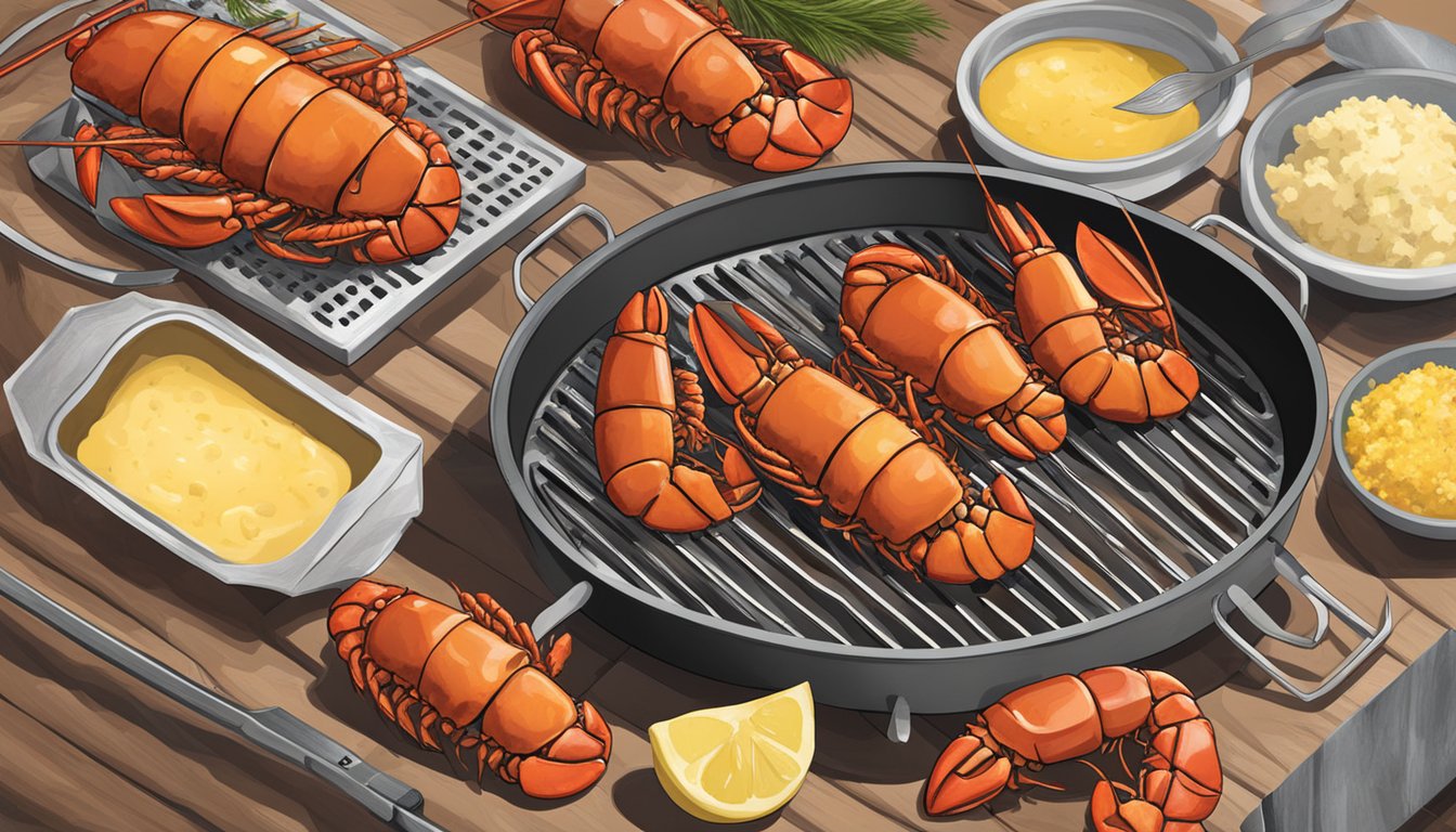 A grill with sizzling lobster tails, surrounded by Texas-style seasoning, butter, and grilling tools