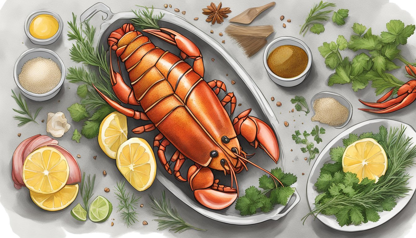 A lobster tail being brushed with a Texas-style marinade, surrounded by various seasonings and herbs, ready to be grilled