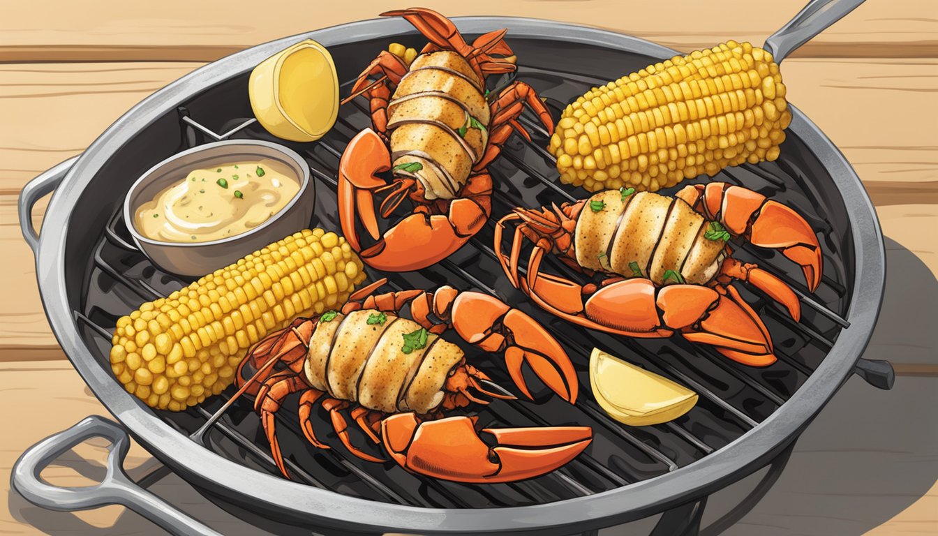 A grill with sizzling Texas-style lobster tails, surrounded by charred corn and a dollop of butter