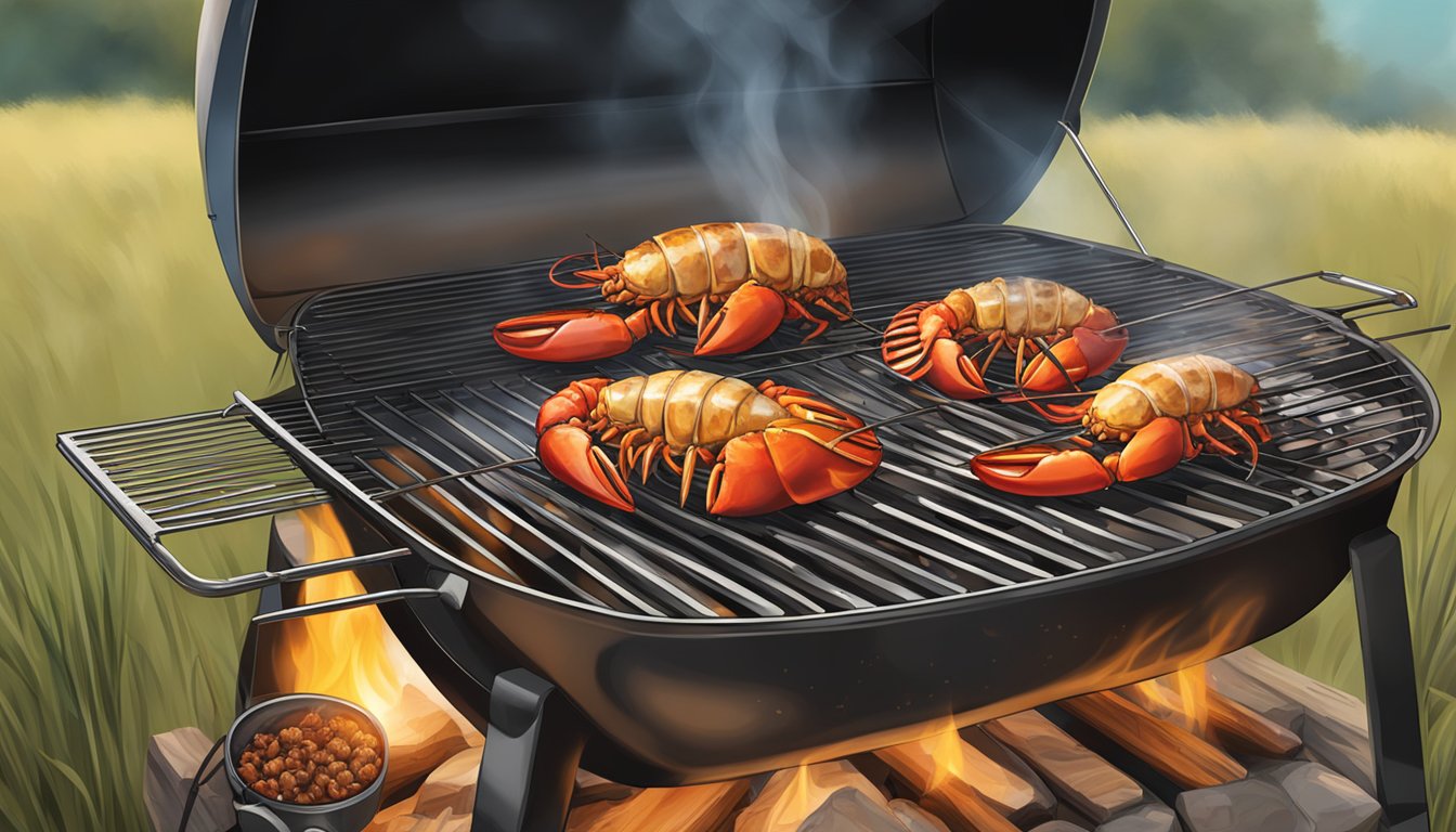 A grill with Texas-style lobster tails cooking over an open flame, with safety equipment nearby