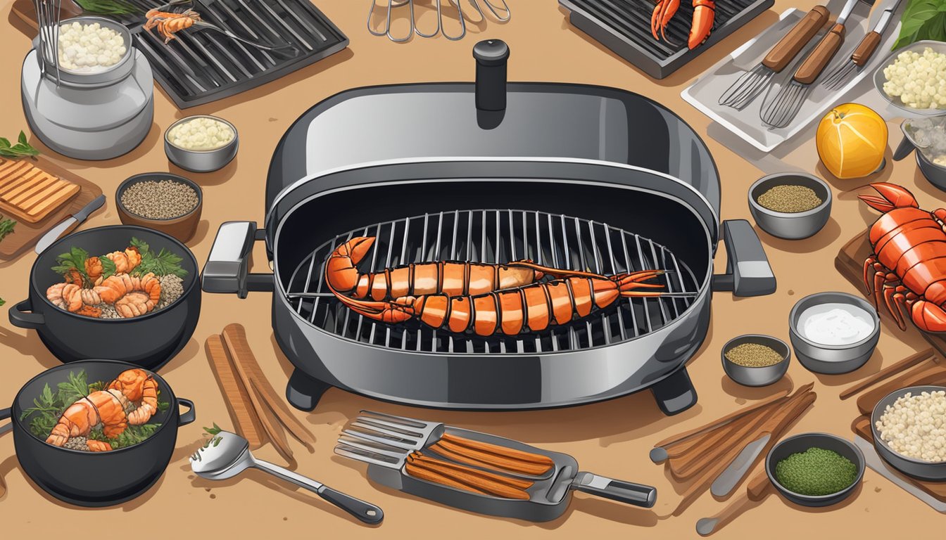 A grill with sizzling lobster tails, surrounded by grilling tools and spices, with a nearby storage area for utensils and ingredients