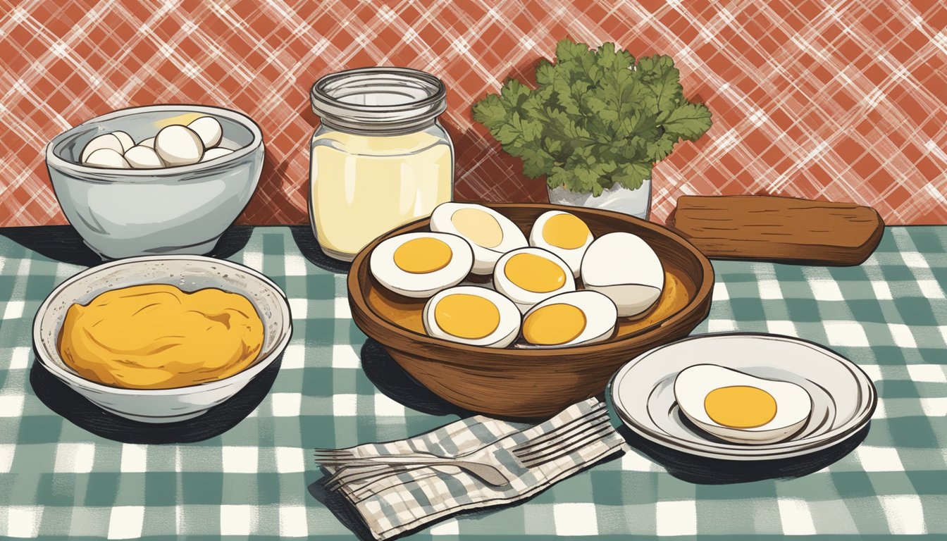 A rustic kitchen counter with a bowl of hard-boiled eggs, mayonnaise, mustard, and paprika, surrounded by a Texas-themed tablecloth and a vintage recipe card