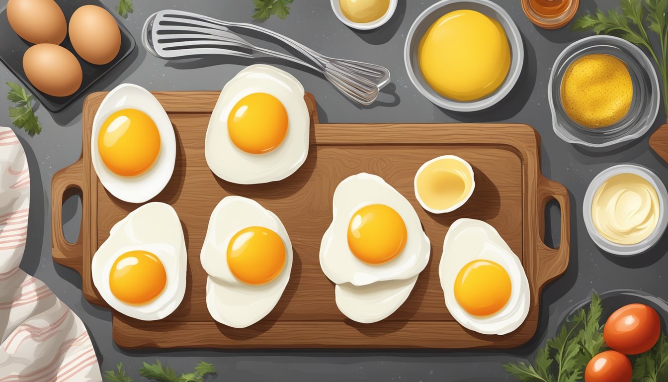 A rustic kitchen counter with a cutting board, eggs, mayonnaise, mustard, and paprika