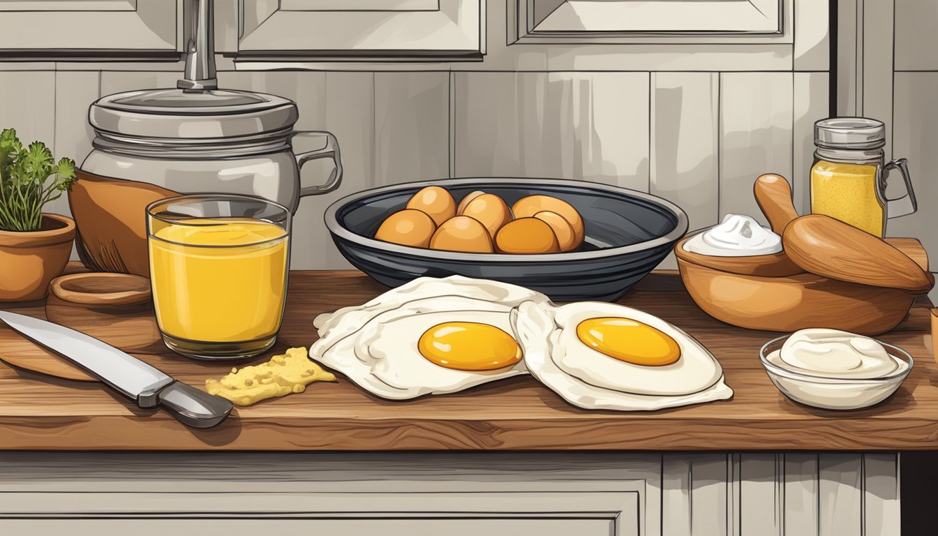 A rustic kitchen counter with a cutting board, eggs, mayo, mustard, and paprika