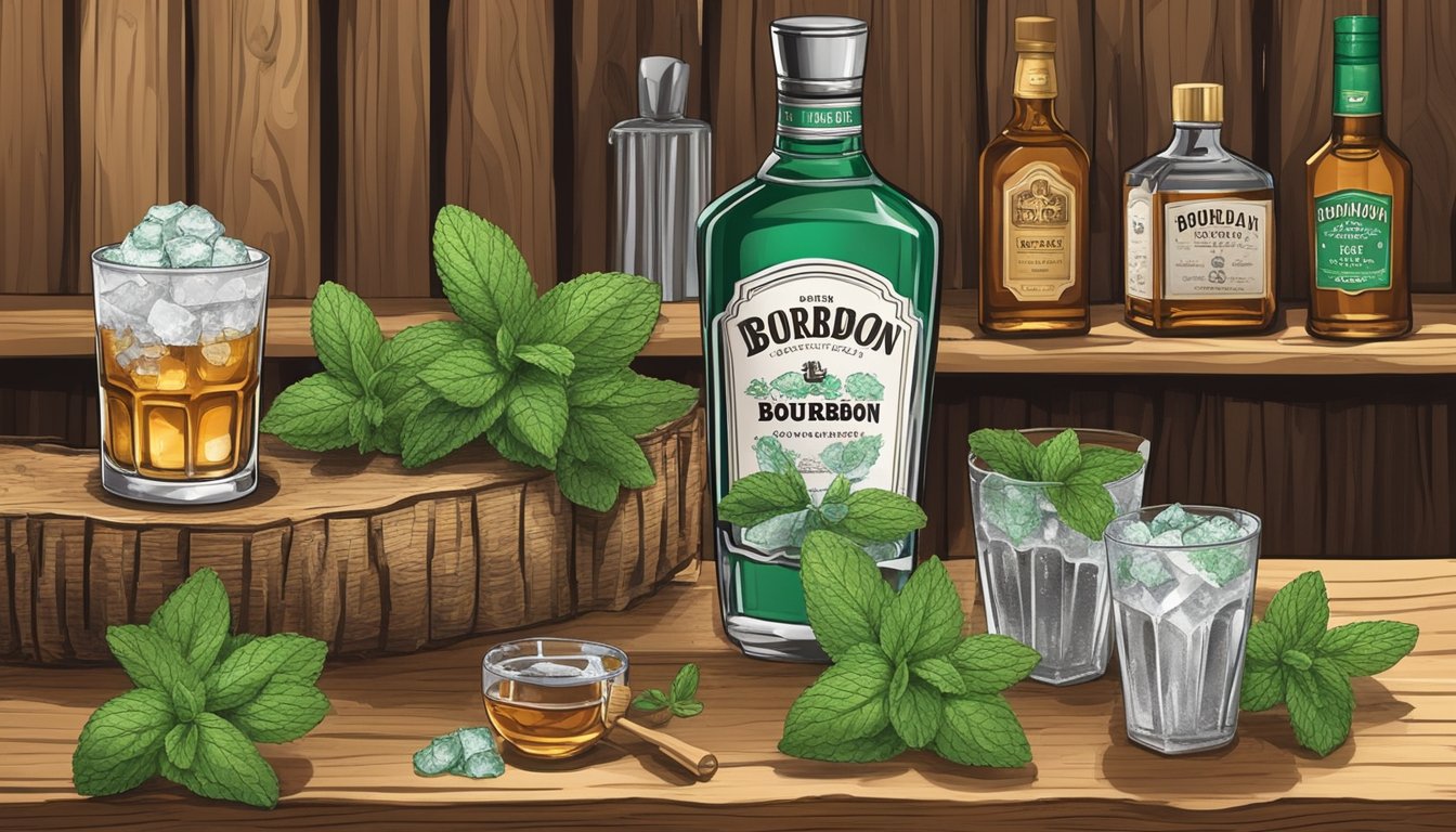 A rustic wooden bar with a silver julep cup filled with crushed ice, fresh mint, bourbon, and a drizzle of Texas honey, surrounded by bottles of bourbon and mint leaves