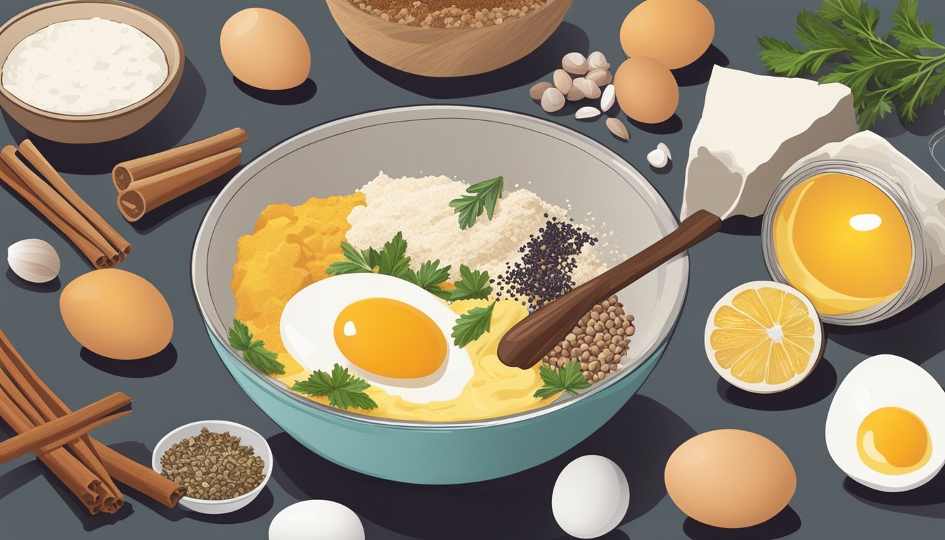 A hand mixing ingredients in a bowl, surrounded by halved eggs and spices