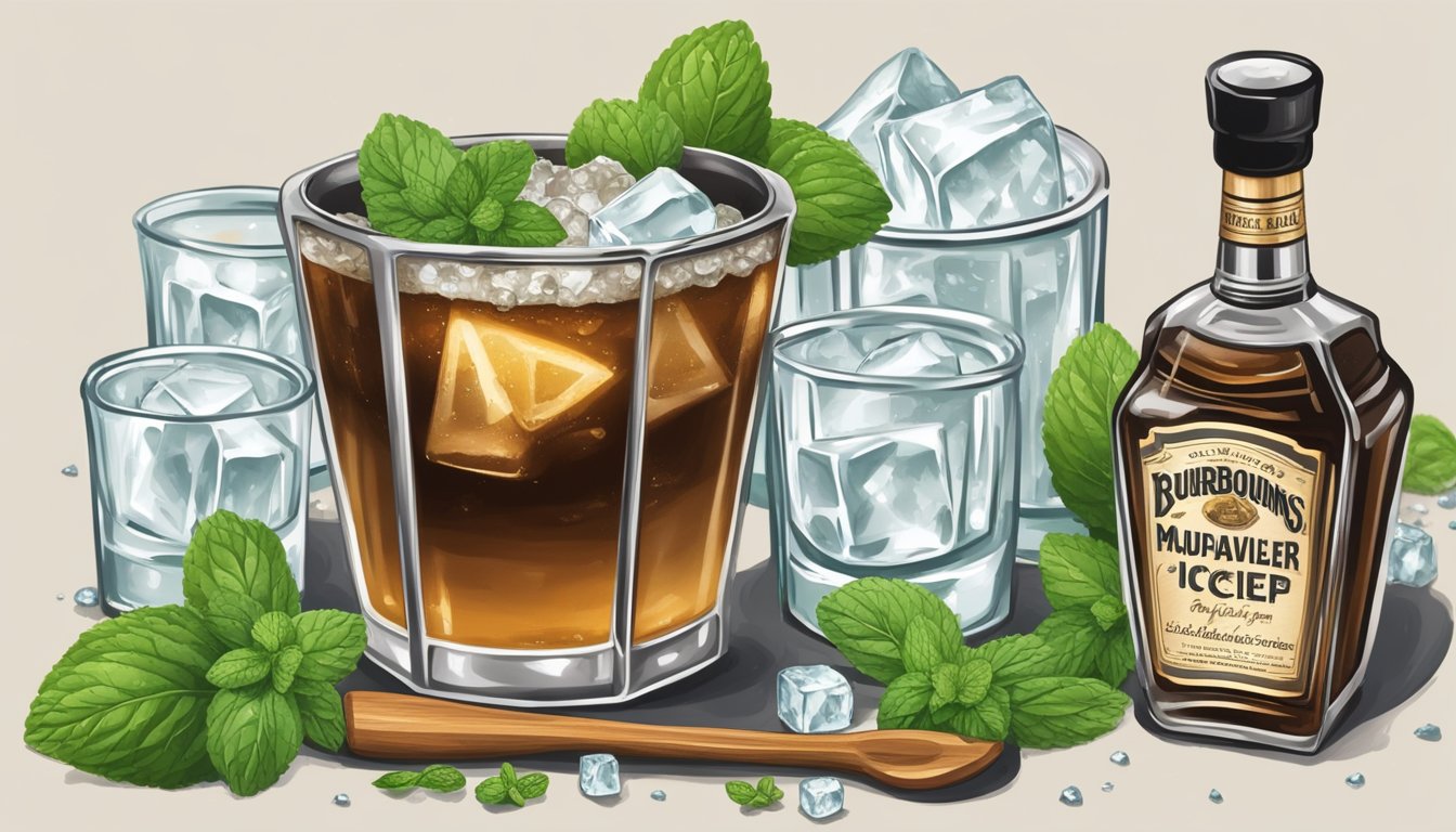 A wooden muddler crushes fresh mint in a silver julep cup, surrounded by a bottle of bourbon, simple syrup, and a bowl of crushed ice