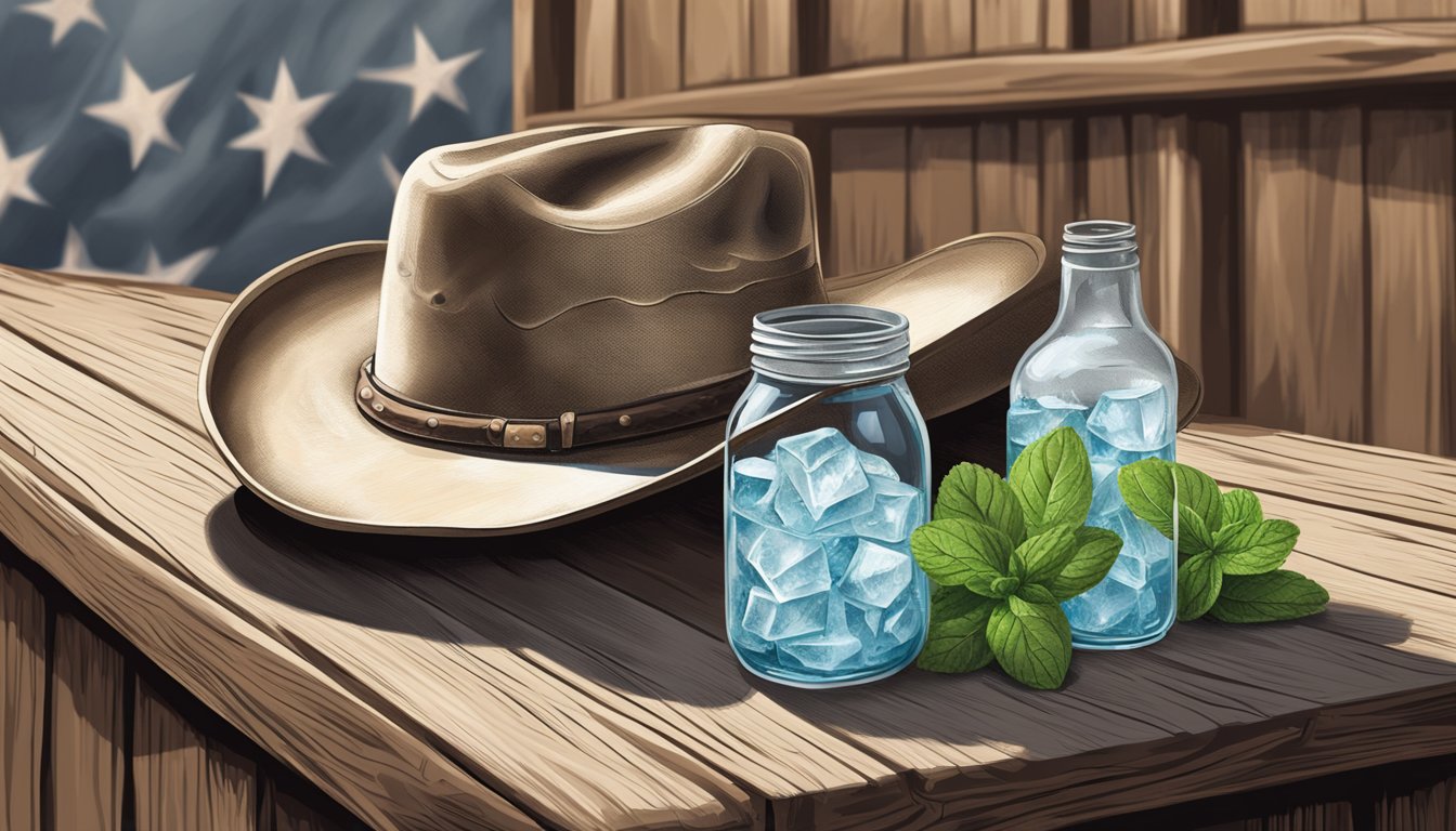 A cowboy hat rests on a weathered wooden bar, next to a mason jar filled with crushed ice and fresh mint leaves. A bottle of bourbon and a silver julep cup complete the scene