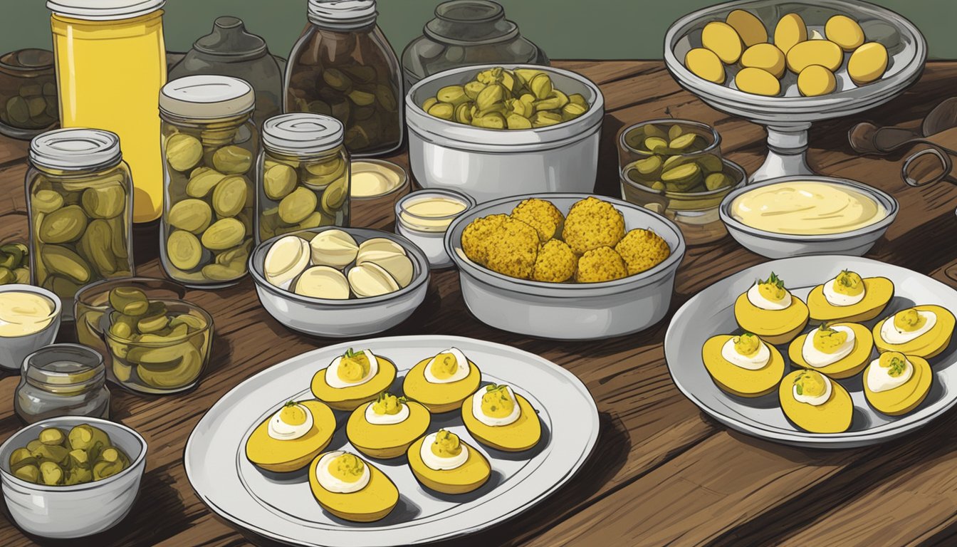 A rustic kitchen table with a platter of Texas-style deviled eggs, surrounded by jars of pickles and containers of mayonnaise and mustard